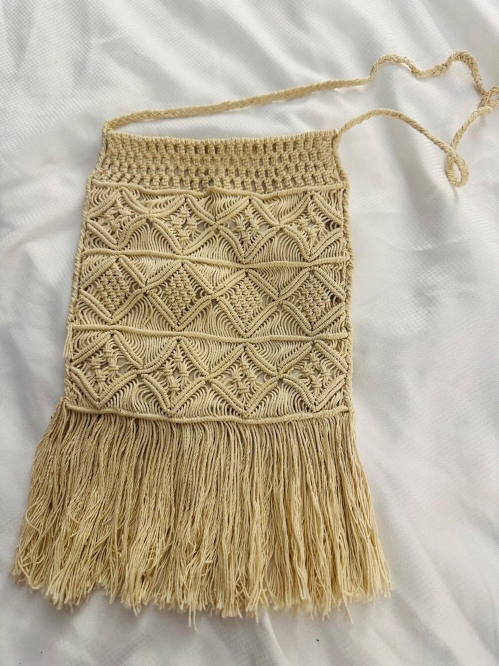Boho Macrame Fringe Crossbody Oatmeal Beige Festival Purse Bag Retro 70s Hippie